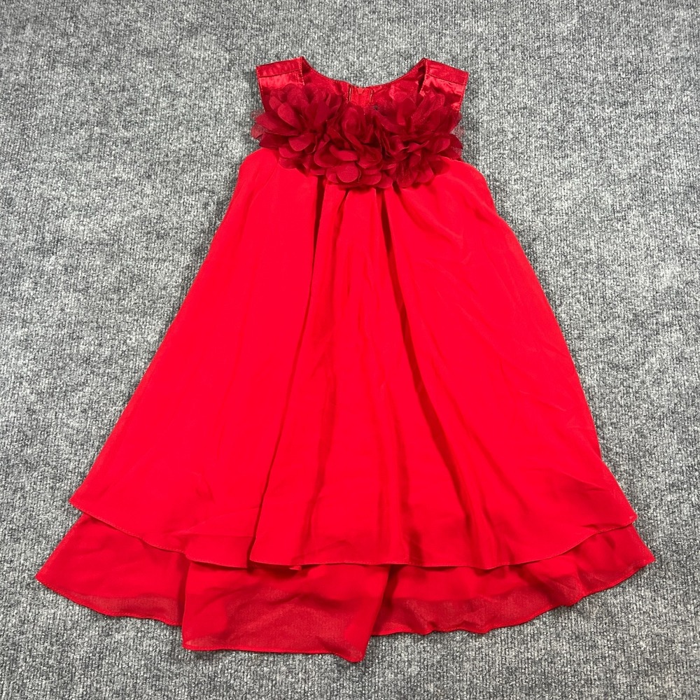 Kid's Dream A Line Dress Girls 7-8 Red Chiffon Satin Bib Neckline Ruffle Hem